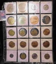 20-Pocket Plastic Page containing Various Tokens, Medals, & Wooden Nickels.
