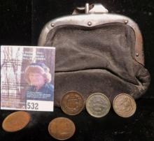 Leather two-pocket Coin purse with (5) Old U.S. Civil War Tokens.