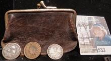 Leather Coin Purse with (3) Old U.S. Civil War Tokens.