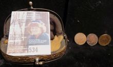 Leather Coin Purse with brass band and (3) Old U.S. Civil War Tokens.