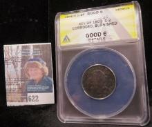 1802/O U.S. Half Cent, ANACS slabbed "1802/0 1/2c Rev of 1802 C-2 Corroded, Burnished Good 6 Details