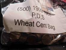 Bag of 500 circulated wheat cents. 1909 - 1950 era VERY GOOD