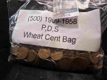 Bag of 500 circulated wheat cents. 1909 - 1950 era VERY GOOD