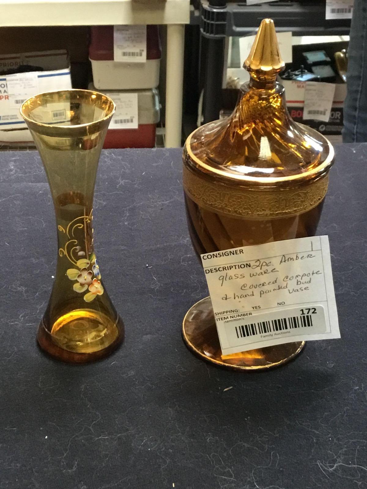 two piece amber glassware, covered compote and hand-painted bud vase