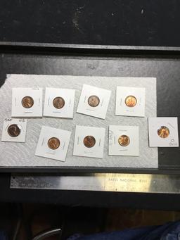 Group of nine uncirculated Lincoln wheat pennies 1940s and 1950s