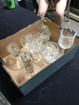 box of miscellaneous glassware, including glass, candlestick holders