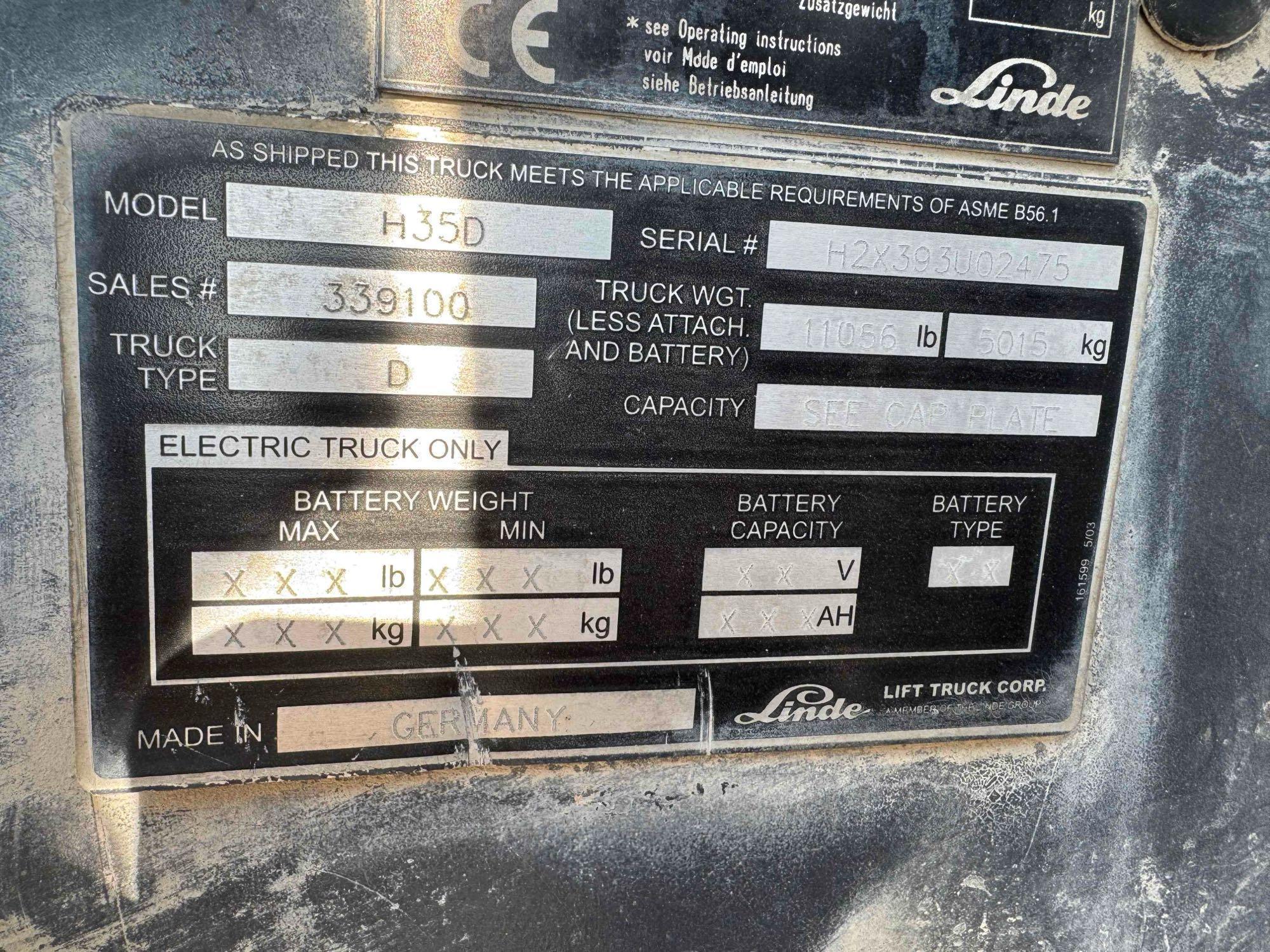 2007 LINDE H35D STRAIGHT MAST FORKLIFT