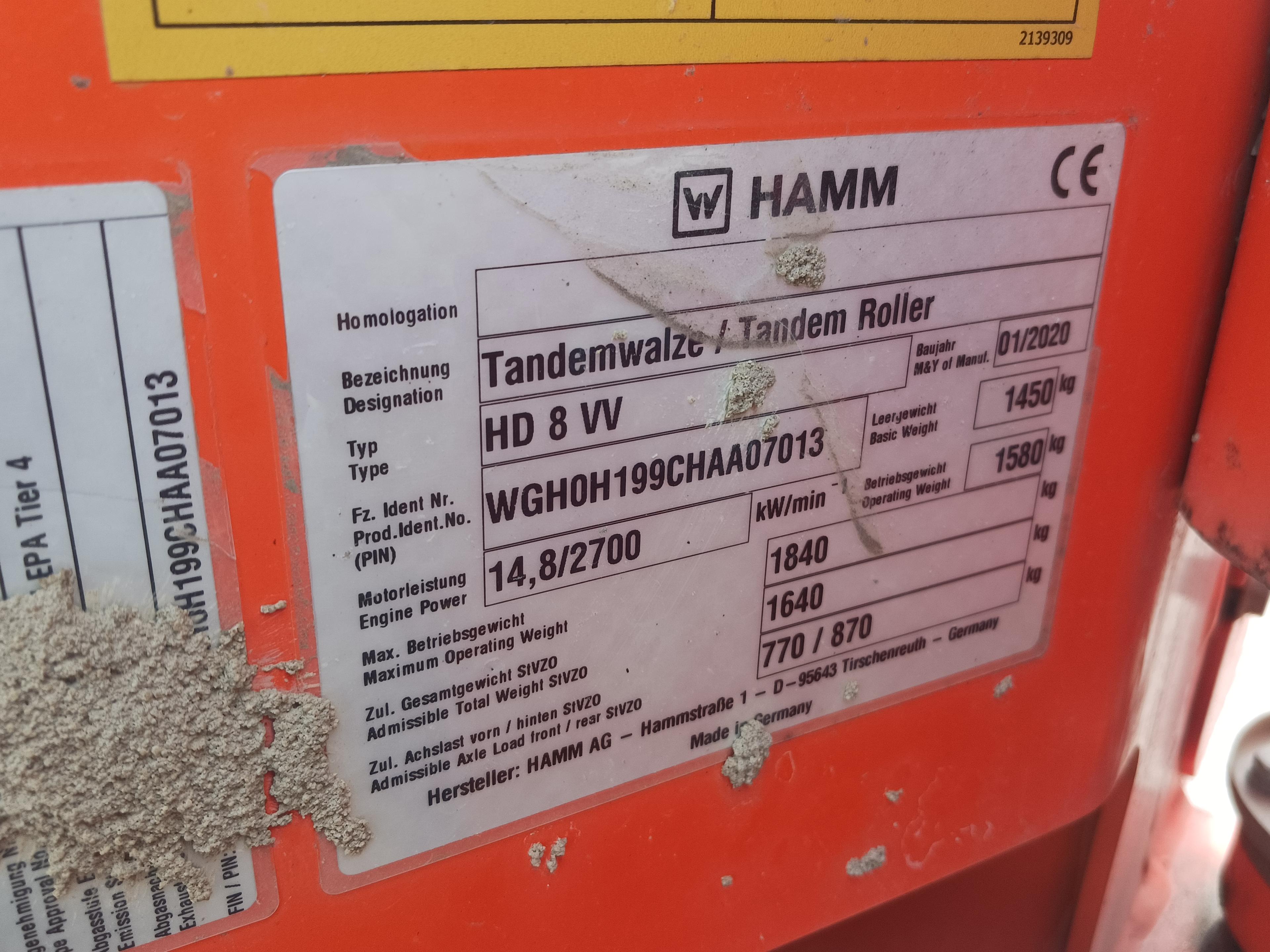 2020 Hamm HD8VV Vibratory Roller - Only 113 hours
