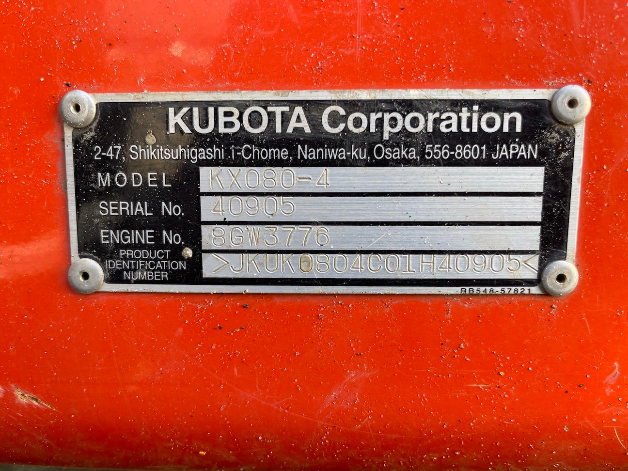 2018 Kubota KX080-4 Excavator with Hydraulic Thumb