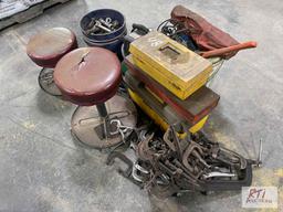 (2) Rolling stools and bucket of tools, clamps and tool sets