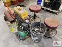 (2) Rolling stools and bucket of tools, clamps and tool sets