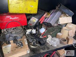 Standing cabinet with contents, crimpers, testers, and new parts