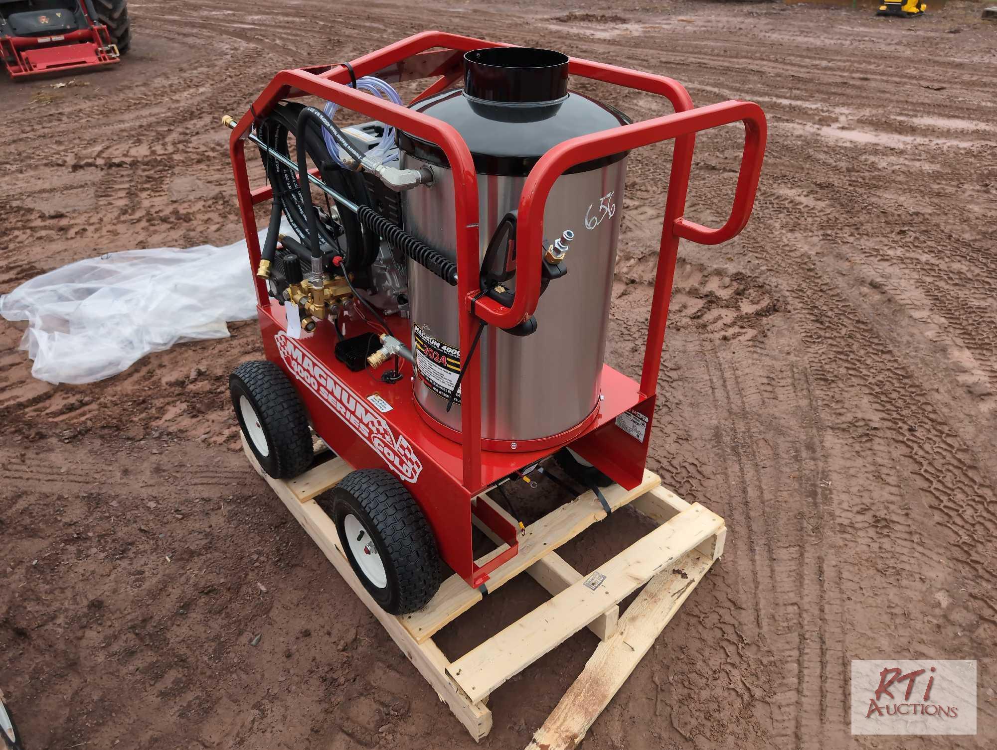 Magnum 4000 series gold portable hot high pressure washer, gas engine, includes wand, hose and