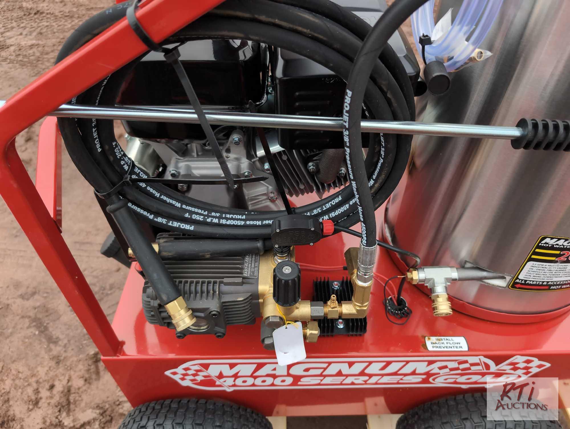 Magnum 4000 series gold portable hot high pressure washer, gas engine, includes wand, hose and