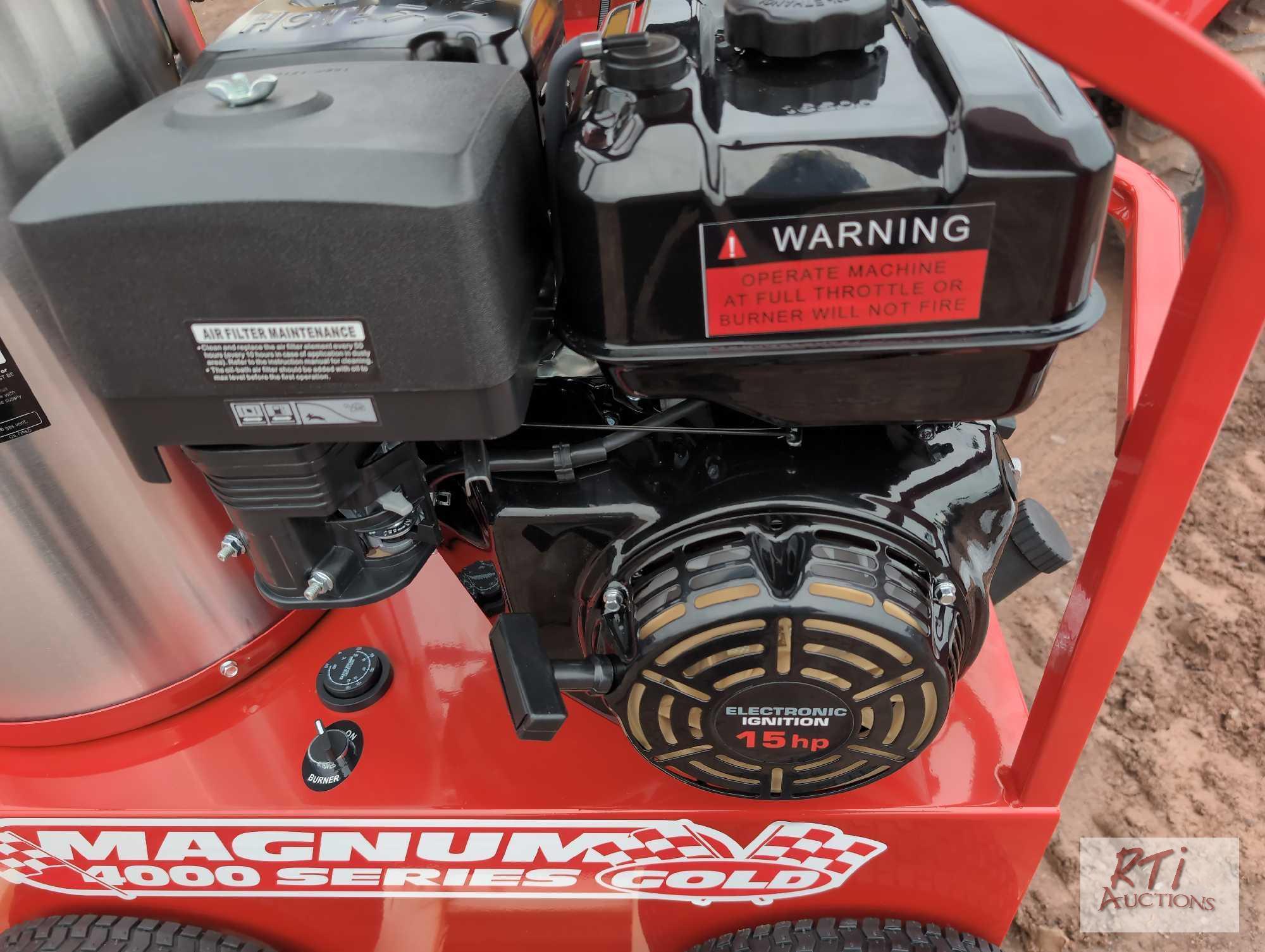 Magnum 4000 series gold portable hot high pressure washer, gas engine, includes wand, hose and
