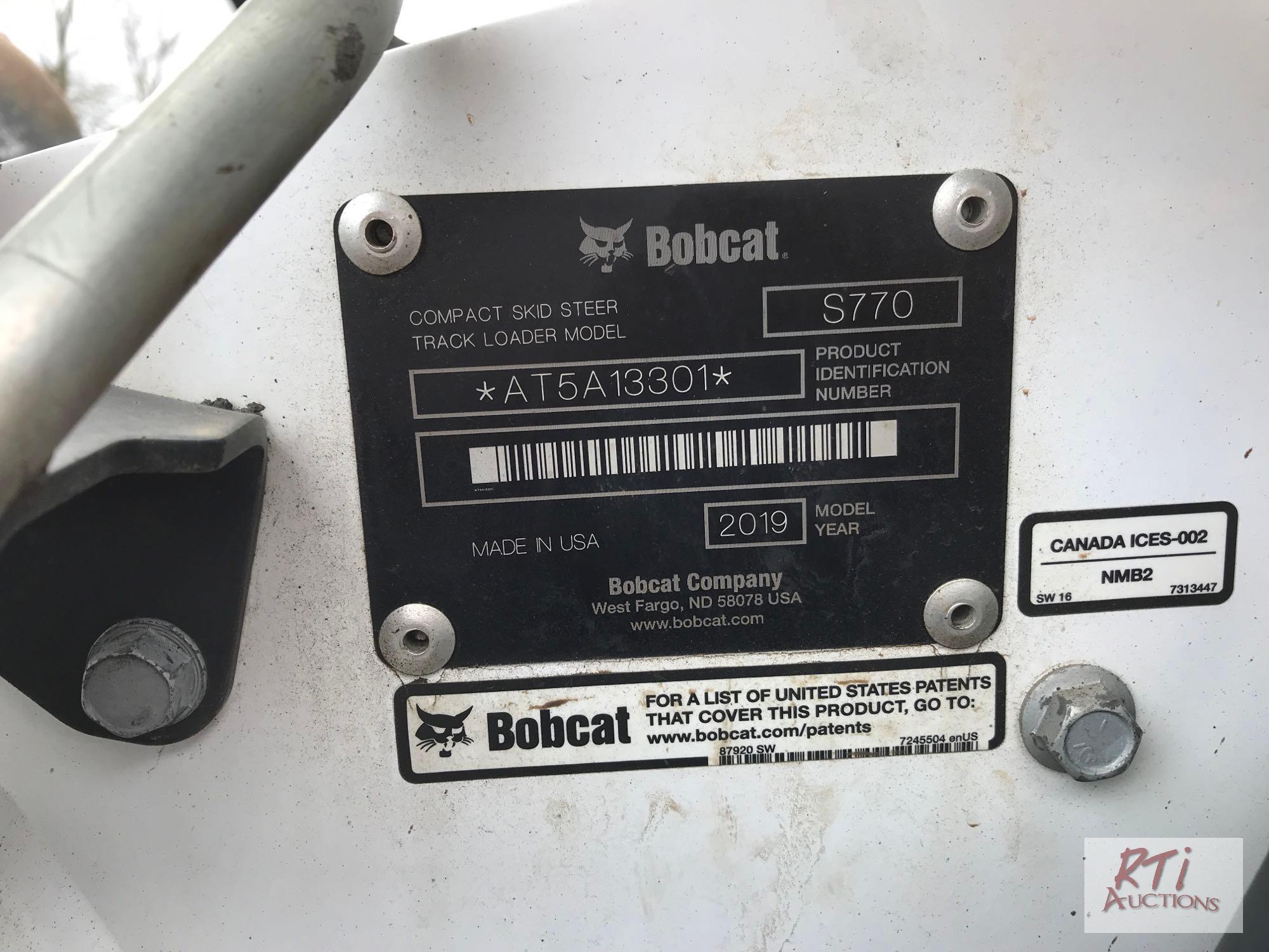 2019 Bobcat 770 skid steer with cab, heat, A/C, joystick controls, 2 speed, high flow, radio, power