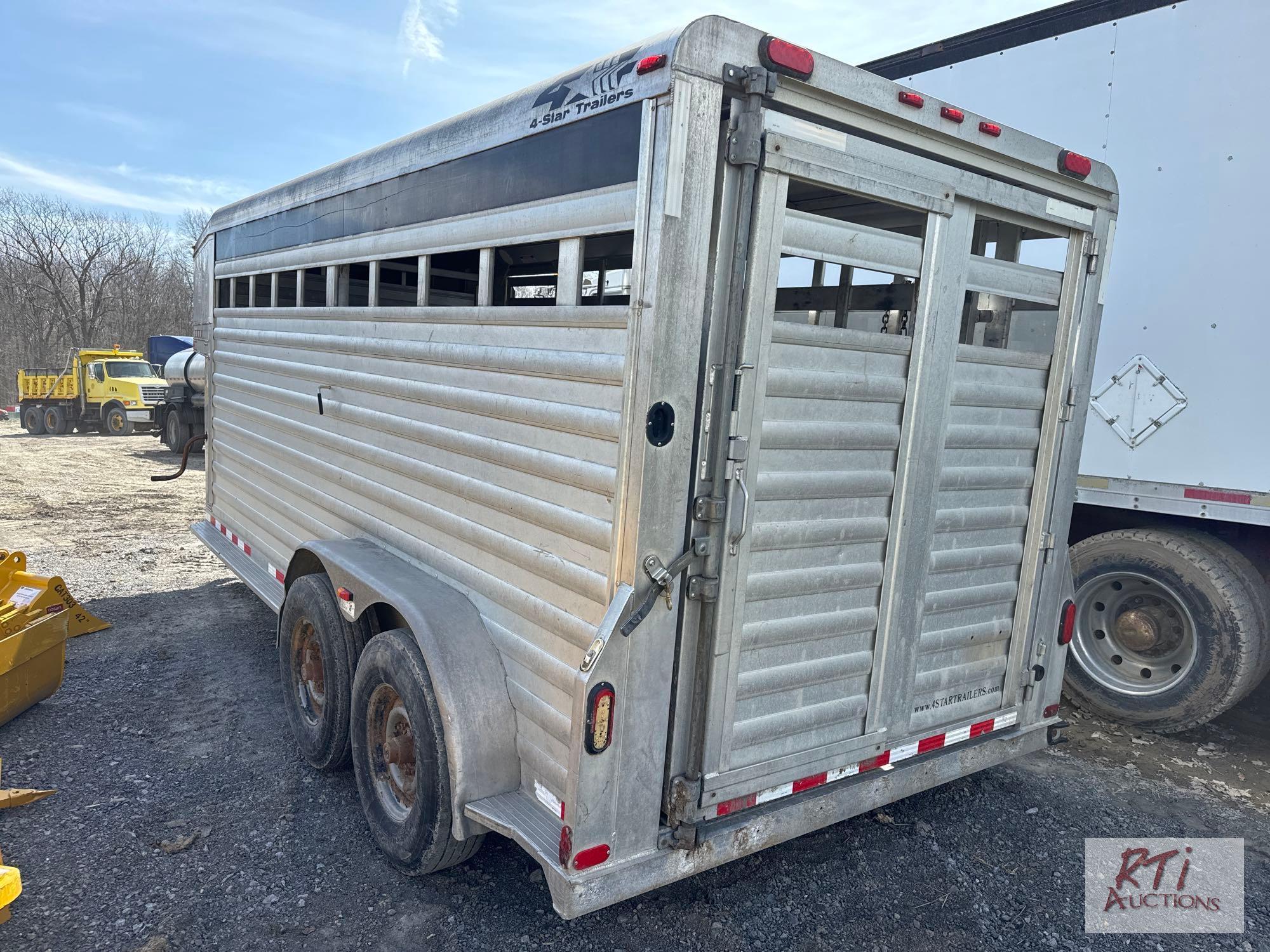 2010 4 Star tandem axle 16ft aluminum gooseneck cattle trailer, interior partition, storage above