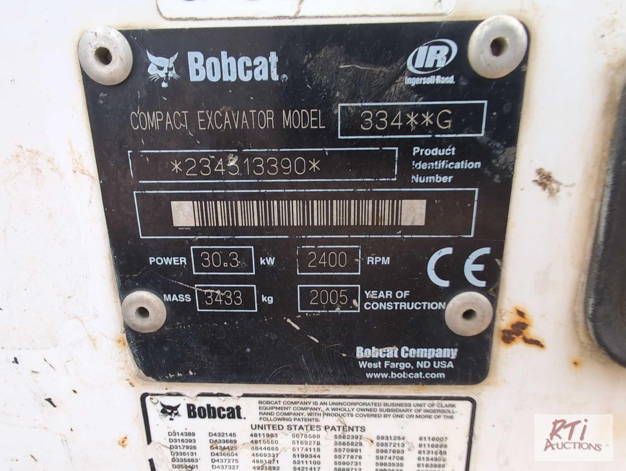 2005 Bobcat 334 excavator, cab, coupler, hydraulic thumb, 2287 hrs