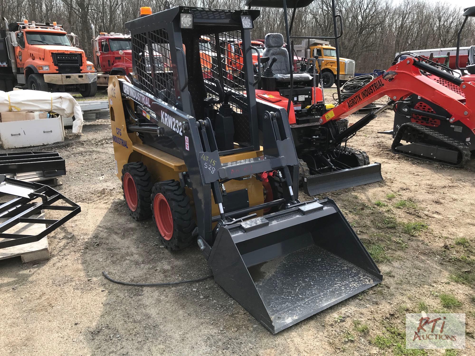 CFG Industrial KRW232 mini skid loader, solid rubber tires, 36in GP bucket, joystick control, gas