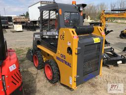 CFG Industrial KRW232 mini skid loader, solid rubber tires, 36in GP bucket, joystick control, gas