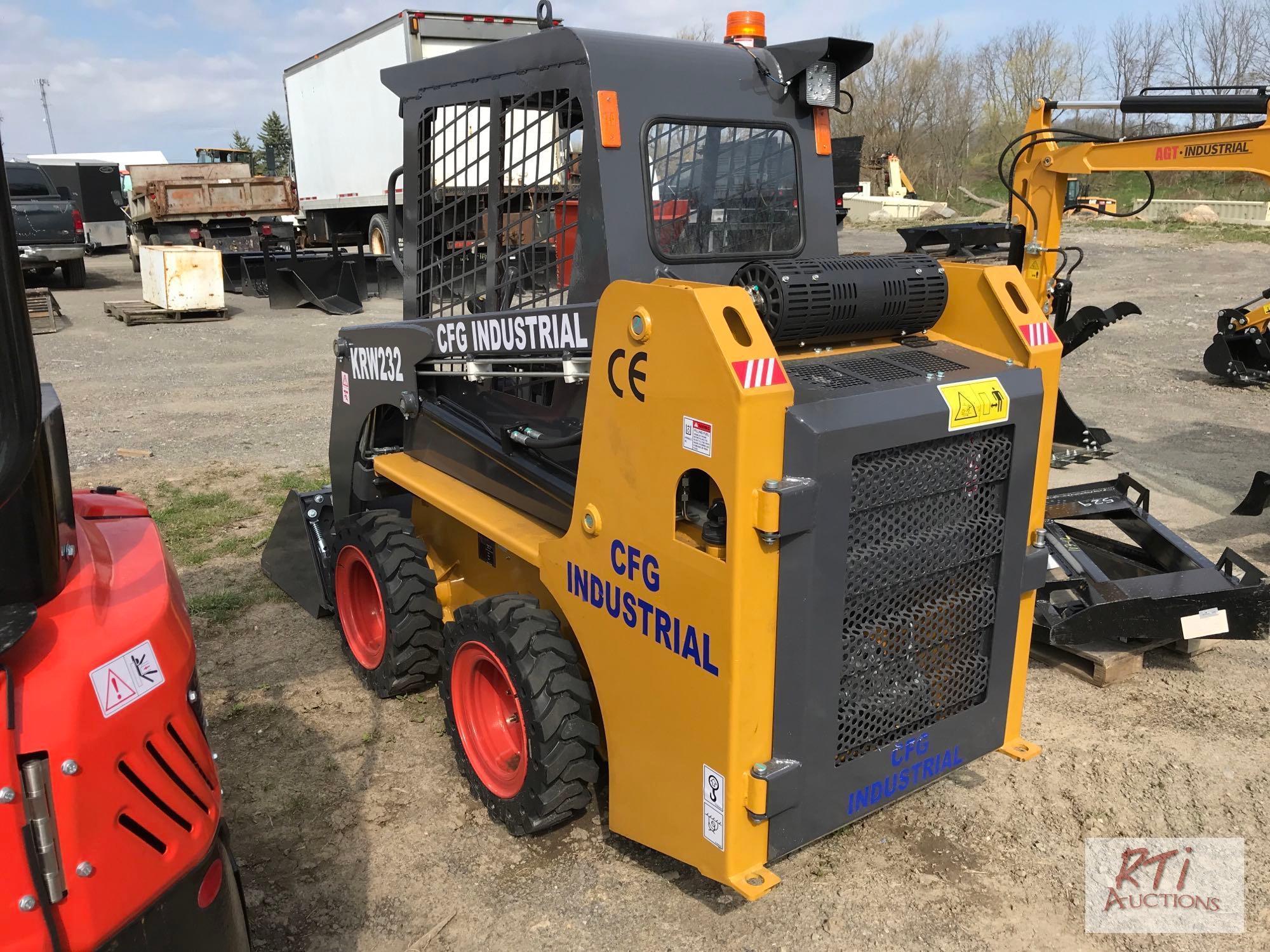 CFG Industrial KRW232 mini skid loader, solid rubber tires, 36in GP bucket, joystick control, gas