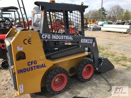 CFG Industrial KRW232 mini skid loader, solid rubber tires, 36in GP bucket, joystick control, gas