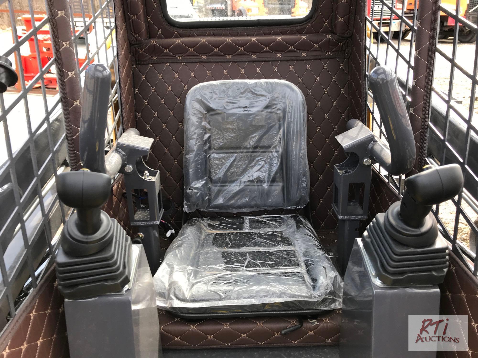 CFG Industrial KRW232 mini skid loader, solid rubber tires, 36in GP bucket, joystick control, gas