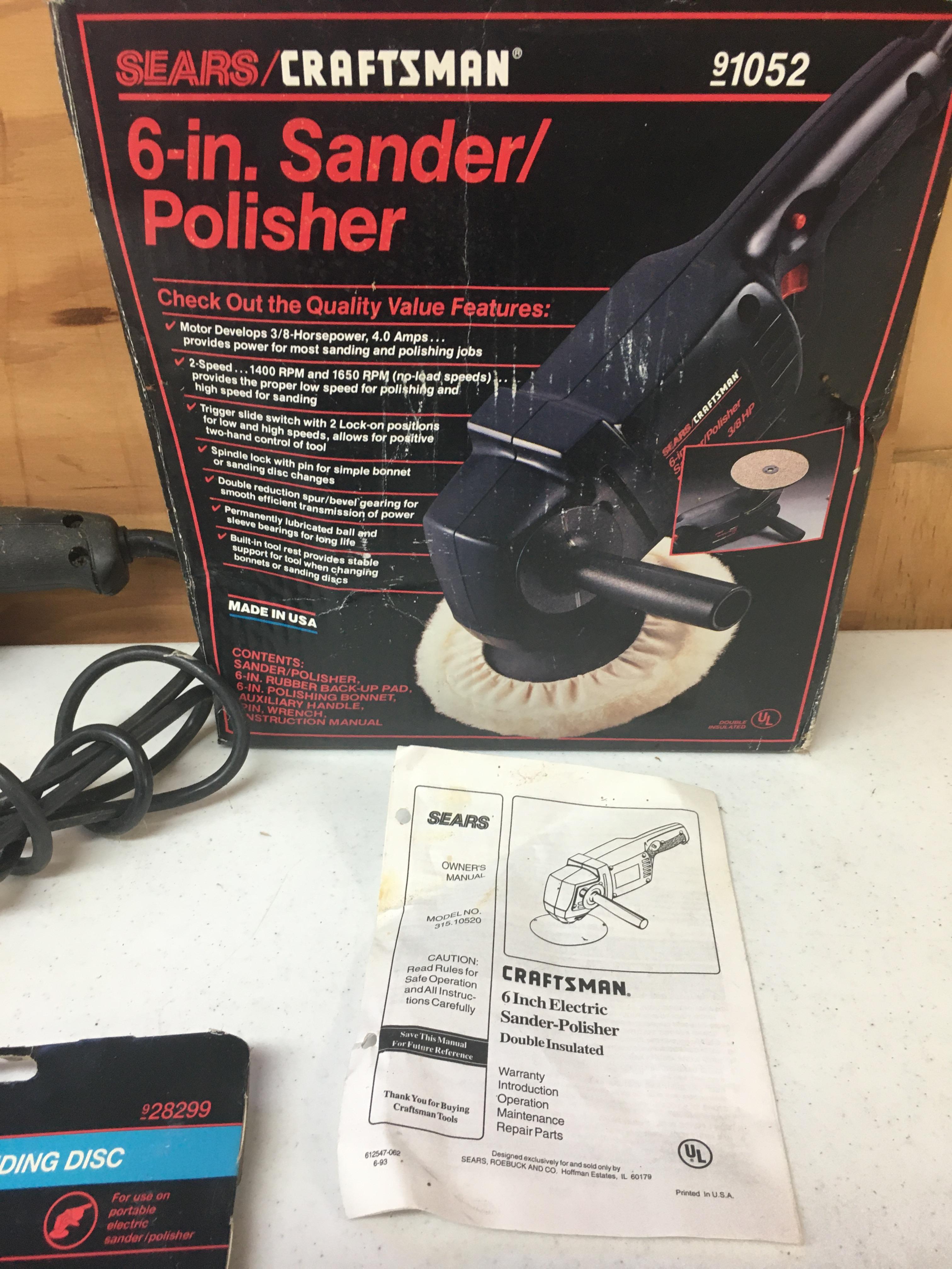 Craftsman 6" Sander/polisher With Pad. Sanding Discs 150 Fine, 100 Medium, 60 Course. Box & Manual