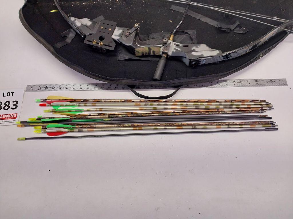 Camo compound bow with arrows and soft case