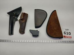 2 leather pistol holsters, 2 soft handgun cases