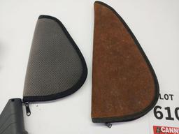 2 leather pistol holsters, 2 soft handgun cases