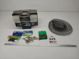Assorted fishing lures, tackle box, fish basket