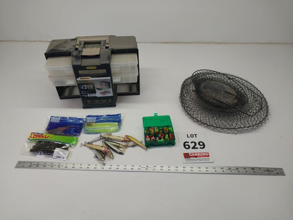 Assorted fishing lures, tackle box, fish basket
