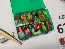 Assorted fishing lures, tackle box, fish basket