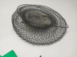 Assorted fishing lures, tackle box, fish basket