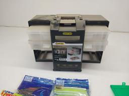Assorted fishing lures, tackle box, fish basket