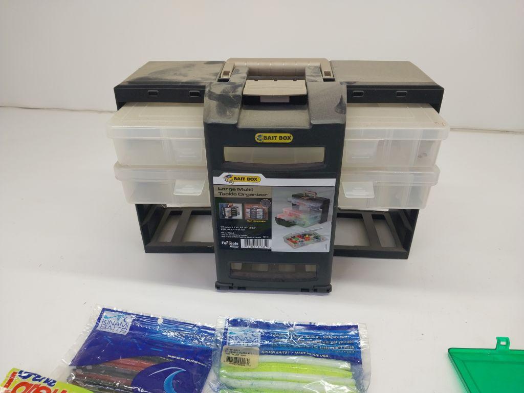 Assorted fishing lures, tackle box, fish basket