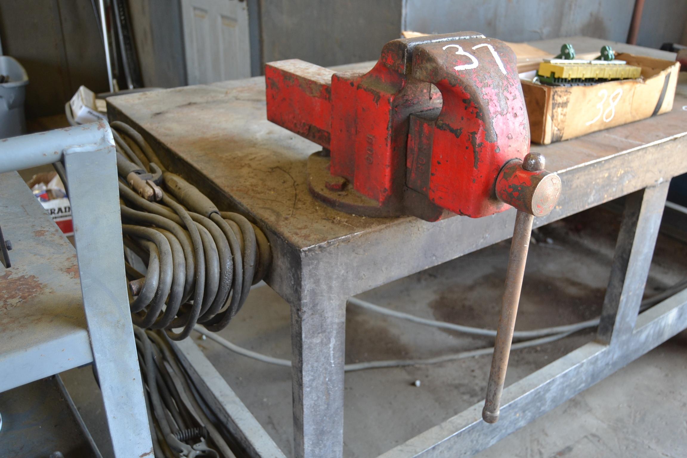 STEEL WORK TABLE, VISE & DUAL BENCH GRINDER