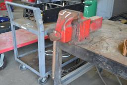 STEEL WORK TABLE, VISE & DUAL BENCH GRINDER
