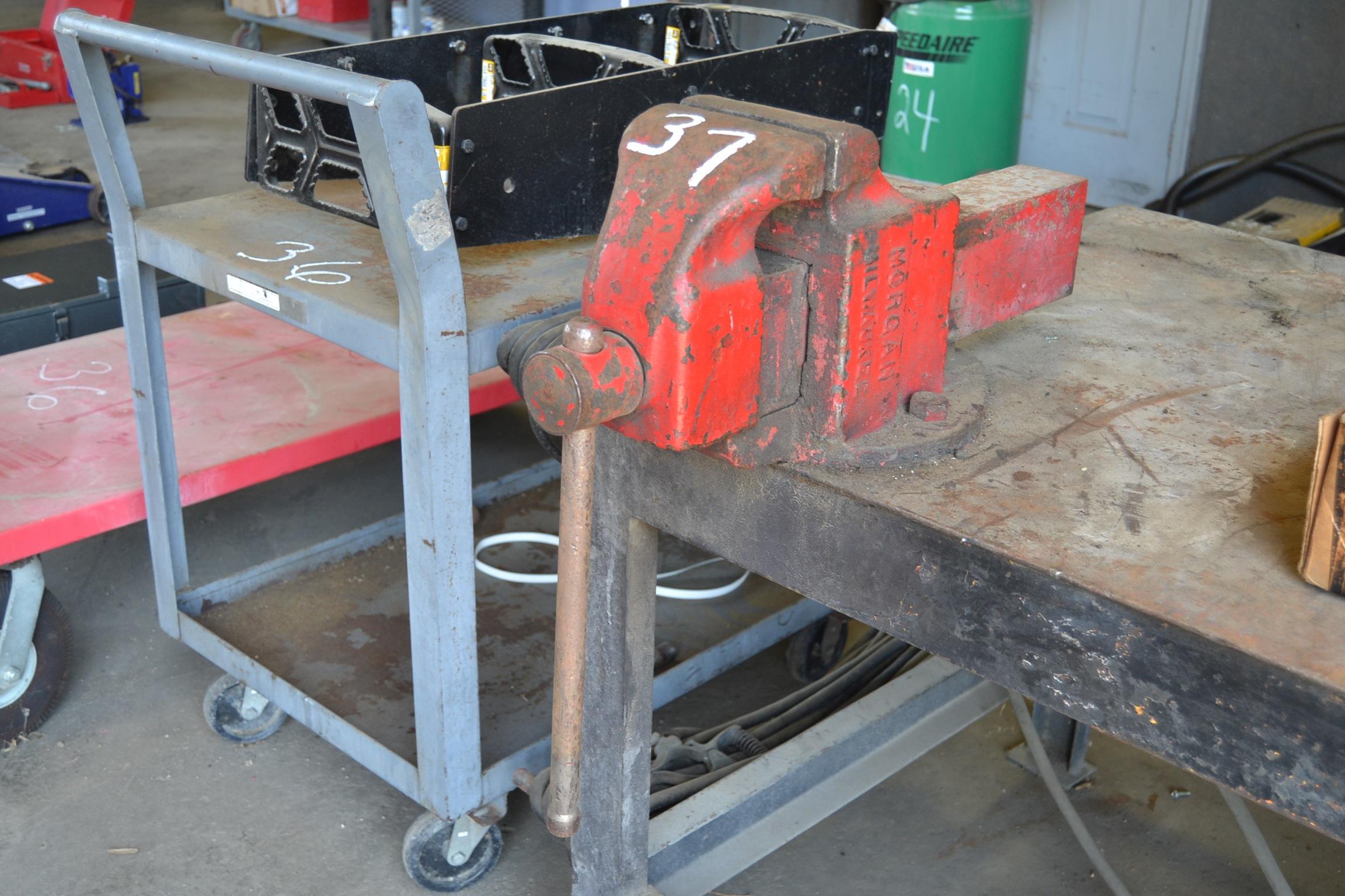 STEEL WORK TABLE, VISE & DUAL BENCH GRINDER