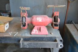 STEEL WORK TABLE, VISE & DUAL BENCH GRINDER