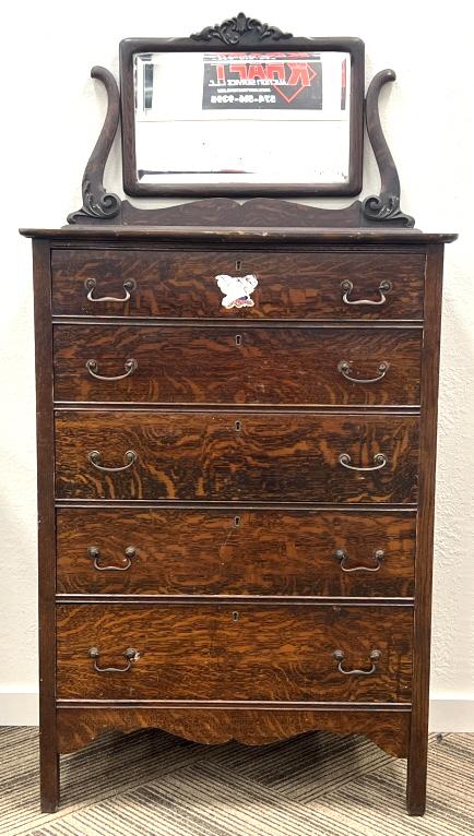 Antique Oak Tallboy Dresser with Beveled Mirror