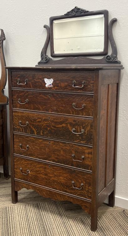 Antique Oak Tallboy Dresser with Beveled Mirror