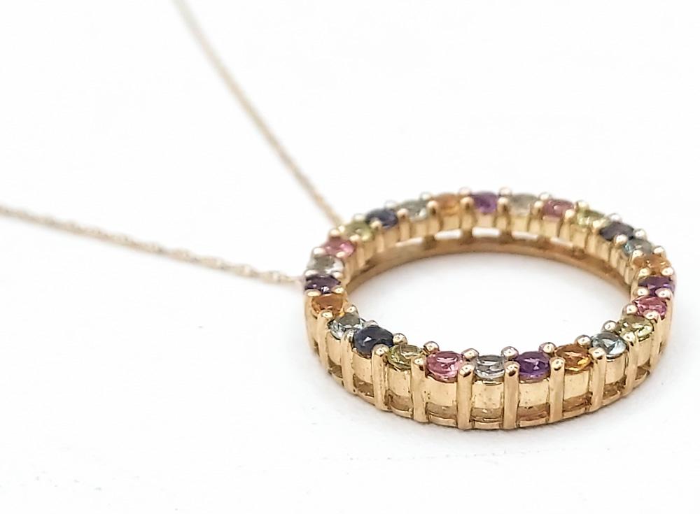 10K Yellow Gold Multi-Colored Gem Circle Necklace