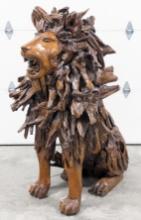 5ft Tall Teak Wood Regal Sitting Lion Sculpture