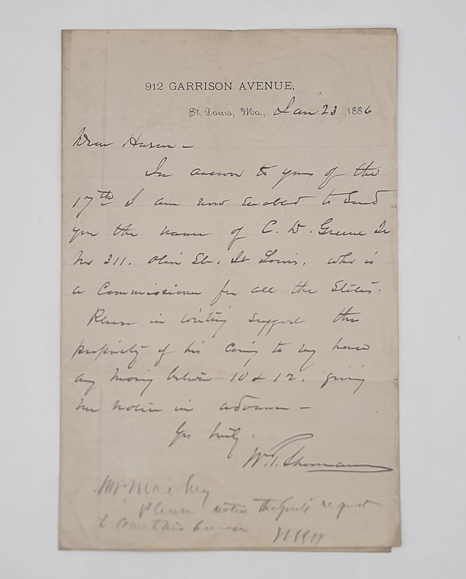 Post Civil War Letter From General William T. Sherman To General William B. Hazen