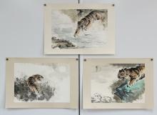 (3) Lun Chun Lan "Tiger" Watercolor & Ink Paintings