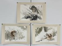 (3) Lu Chun Lan "Tiger" Watercolor & Ink Paintings