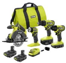 Ryobi ONE+ 18V Cordless 4-Tool Combo Kit Incl. 1/2" Drill/Driver, 1/4" Impact Driver, 5-1/2" Ci