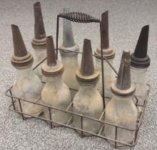 (8) Early Glass Oil Bottle w/ Spouts & Carrier